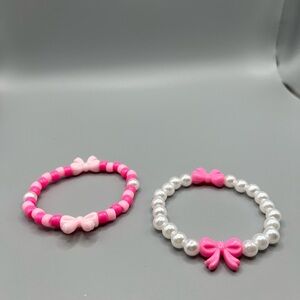 Pink Bow Beaded Bracelets 2 Set - HANDMADE - #181
